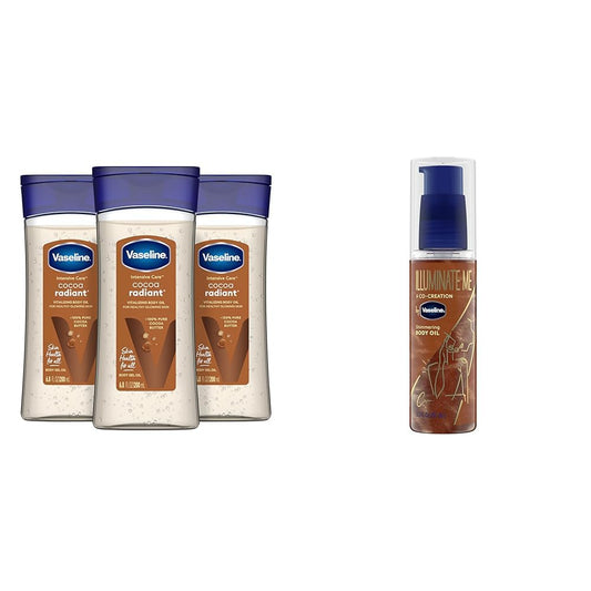 Vaseline Intensive Care Cocoa Radiant For Glowing Skin 3 Count Body Gel Oil Body Oil & Illuminate Me Shimmering Body Oil Created for Melanin Rich Skin