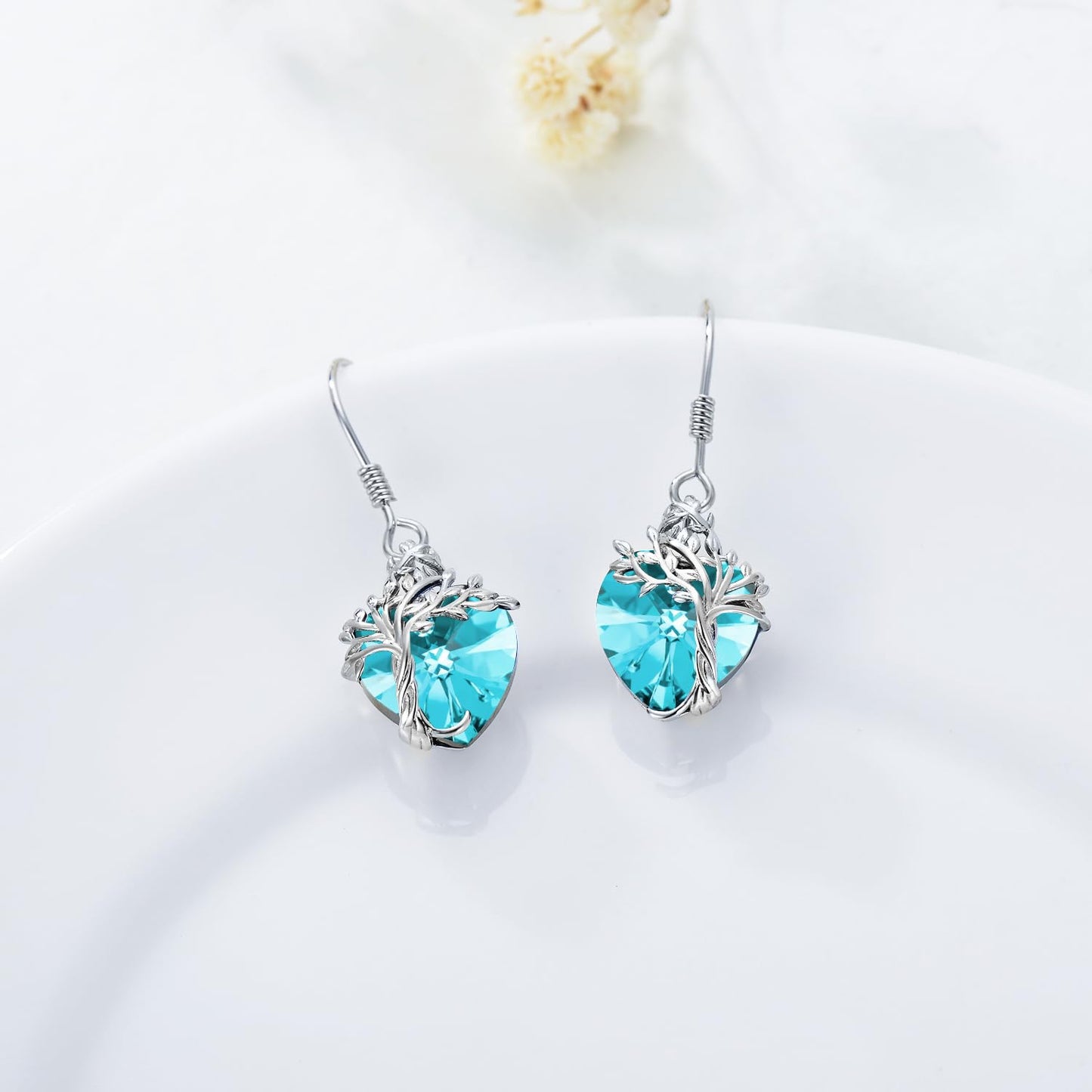 TOUPOP Heart Aquamarine March Birthstone Earrings Sterling Silver Tree of Life Earrings Blue Crystal Jewelry Birthday Mothers Day Gifts for Women Mom Her