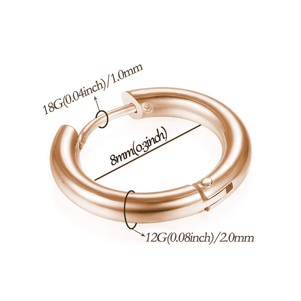316L Surgical Stainless Steel Huggie Hoop Earrings 8mm Rose Gold Hypoallergenic Earrings Hoop Cartilage Helix Lobes Hinged Sleeper Earrings For Men Women(B04: 8mm Rose Gold(THK 2.0mm))
