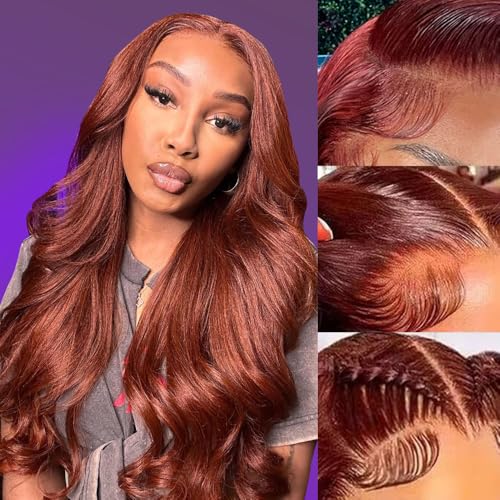 Reddish Brown Lace Front Wigs Human Hair 28 Inch 13x4 Body Wave HD Lace Frontal Wigs Human Hair for Women 180 Density Auburn Colored Copper Red Pre Plucked