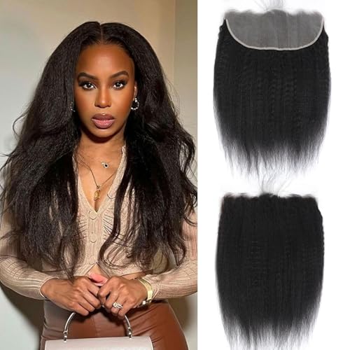Kinky Straight Frontal 13x6 Frontal Human Hair Transparent HD Lace Frontal Yaki Straight Frontal Closure 100% Human Hair Ear to Ear Lace Frontal Natural Black Color 18 Inch 150% Density