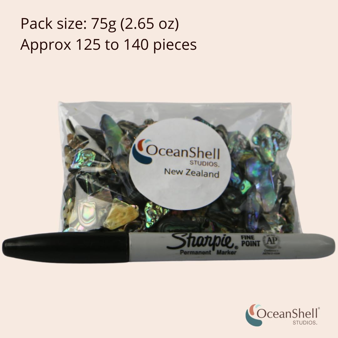 Abalone (Pāua) Shell Pieces-2.65oz Pack-for Crafts, Jewelry Making, Resin Art, Inlay, Home Decorations, Fishtank Supplies, DIY Projects - Satin, Fines Size 0.19"-0.59" (5-15 mm) 2.65oz (75grams)