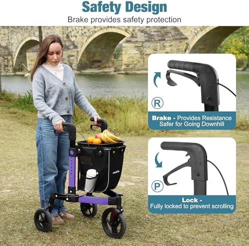 3 Wheel Rollator Walker, Walkers for Seniors, Rollator Walker Lightweight Foldable, with Tray and Large Storage Bag, 10 Inch Front Wheel for All Terrain, Purple