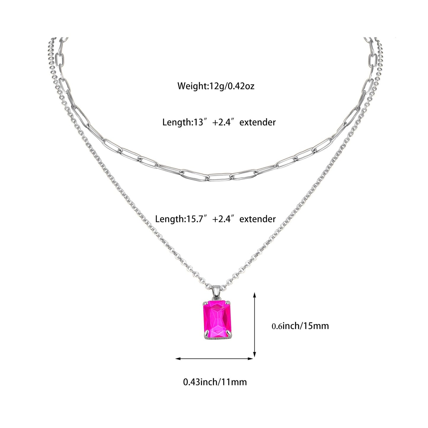 VANGETIMI Hot Pink and Silver Layered Pendant Necklaces for Women Silver Plated Crystal Choker Necklace Paperclip Rhinestone Necklace Party Prom Jewelry