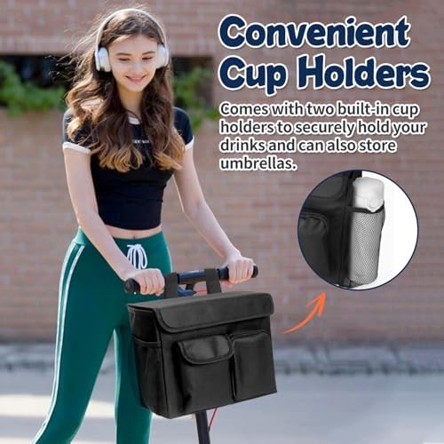 Boczif Mobility Scooter Bag, Electric Scooter Caddy Organizer Pouch, Electric Mobility Scooter Basket Bag with 14Inch Laptop Pocket and Cup Holders for Wheelchair & Rollator (Mobility Scooter Bag)