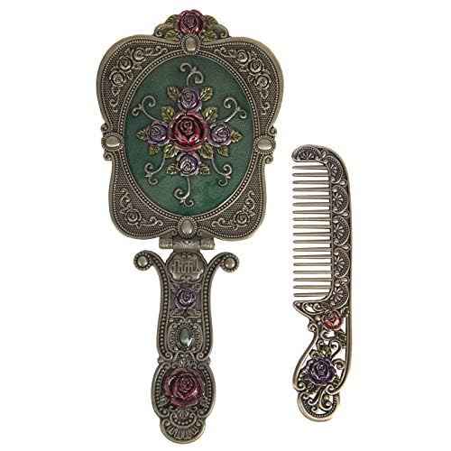 Nerien Antique Mirror Comb Set Vintage Metal Handheld Makeup Mirror with a Comb Russian Style Embossed Rose Hand Mirror Travel Portable Foldable Mirror Decorative Tabletop Stand Mirror Bronze