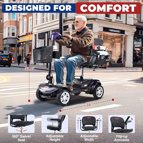 Metro Mobility 4 Wheel Powered Mobility Scooters, 300 lbs Capacity Mobility Scooters for Adults, Folding Mobility Scooter Lightweight, Electric Scooters for Seniors 10 Miles Range LED Light Purple