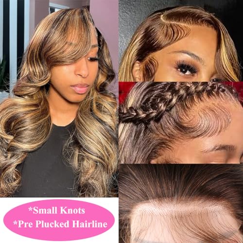 SWEETGIRL 13x6 Lace Front Wigs Human Hair Highlight Ombre Lace Front Wig Human Hair Honey Blonde Colored Hd Lace Frontal Wigs for Women Pre Plucked Body Wave Wig 180 Density 24 Inch P4/27