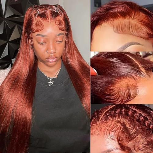 Reddish Brown Lace Front Wigs Human Hair Pre Plucked Brazilian Unprocessed Straight 13x4 HD Lace Frontal Wig with Baby Hair Auburn Copper Colored Wigs for Women (Reddish Brown,24 Inch)