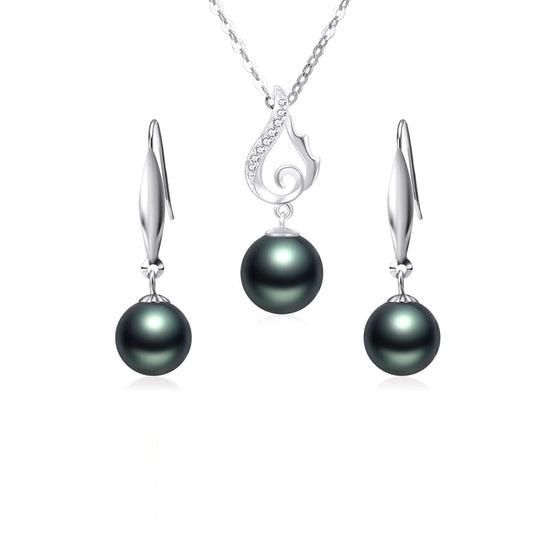 14k White Gold Diamond and Dyed Black pearl Necklace + 18k Earrings Set