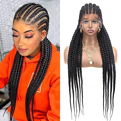 36" Full Lace Braided Wigs for Black Women Jumbo Box Braids Lace Front Wig with Baby Hair Lightweight Synthetic Lace Frontal Black Cornrow Twisted Wigs (Black)