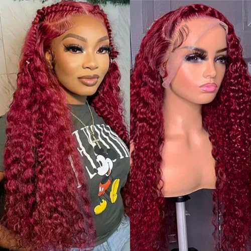 99j Burgundy Lace Front Wigs Human Hair Deep Wave 13x4 Hd Lace Frontal Wigs for Black Women Glueless Wigs Human Hair Pre Plucked Deep Curly Wet and Wavy Red Colored Lace Front Wig (26 Inch)