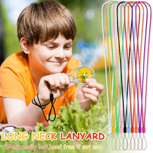 Kanayu 100 Pcs Mini Handheld Magnifying Glass for Kids 5X 15X Hand Lens Small Magnify Glasses Lens Plastic Magnifier with 100 Lanyard for Reading Home School Classroom Outdoor Science Observation