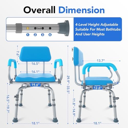 360° Swivel Shower Chair, Adjustable Shower Seat with Arms and Back & Soft Padded Seat for Bathtub, Non-Slip Rotating Bathtub Chair for Seniors Elderly Disabled Bariatric Pregnancy, 4-Level Height