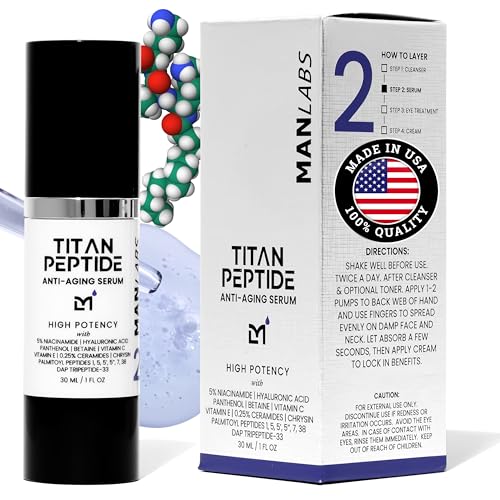 Titan Anti-Aging Peptides Serum for Face ? High Potency Mens Peptide Serum Moisturizer ? Mens Skin Care ? Men, Dark Spots, Wrinkles, Fine Lines ? Peptides, 5% Niacinamide, HA ? Unscented