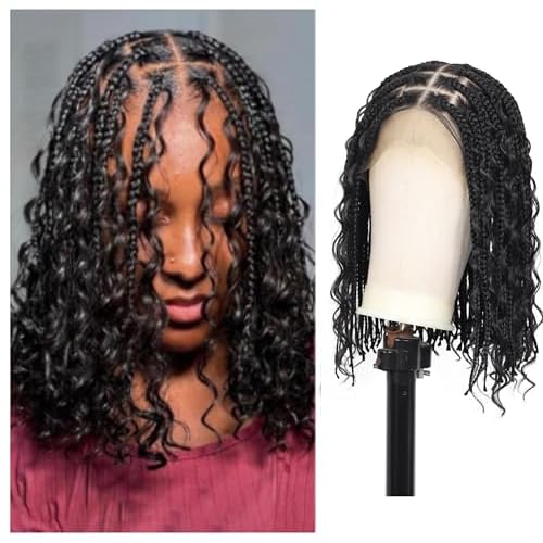 12inch 13x8 Hd Lace Front Braided Wigs for Women Knotless Boho Braided Wigs Short Box Braid Wig with Baby Hair Premium Synthetic Curly Braided Lace Front Wigs Natural Black
