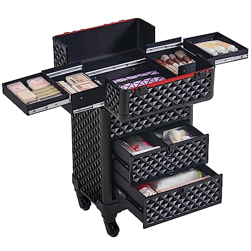 Yaheetech Rolling Makeup Train Case with Drawers Professional Nail Tech Travel Case Cosmetics Storage Organizer Beauty/Nail Art/Hair Styling Travelling Cart Trunk Black