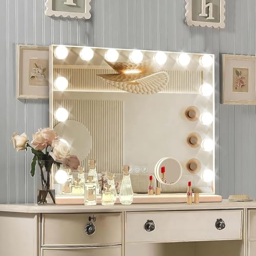 Hollywood Vanity Mirror with Lights, 15 Dimmable Bulbs, 3 Color Lights,Make Up Lighted Mirror, Aluminum Metal Frame, USB Charging Port£¨23" x 18"£©