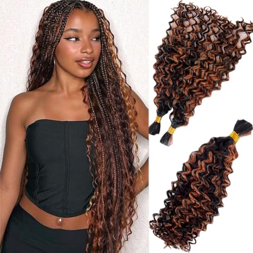 30 Inch Water Wave Boho Hair for Braiding Color #1B30 Human Braiding Hair for Boho Knotless Braids 2 Bundles 100G Deep Wave Natural Black with Brown Highlights Extensions Full Ends