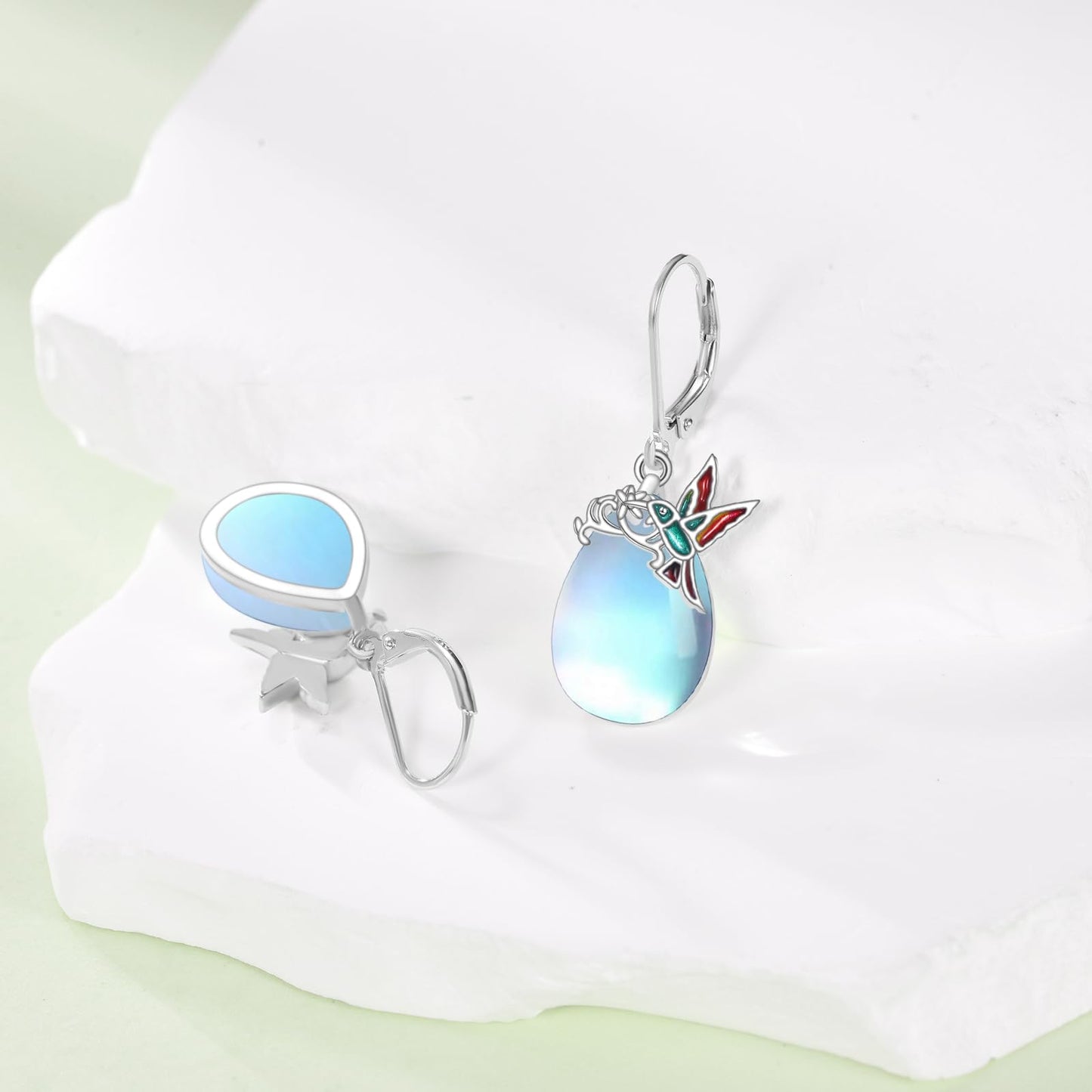 TIGER RIDER Hummingbird 925 Sterling Silver French Clasp Leverback Earrings Moonstone Pendant Jewelry Gift for Women