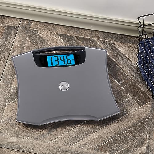 Taylor Digital Scales for Body Weight, Extra High 440 LB Capacity, Built in Handle, Jumbo Blue Readout, Durable Platform, 13.0 x 12.0 Inches, Silver Metallic