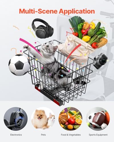 VEVOR Scooter Rear Basket, Heavy Duty Metal Wire Basket with Handle, Spacious Cargo Basket, Works with 1-inch Receiver, Compatible with Most Golden, Drive & Pride Mobility Scooter