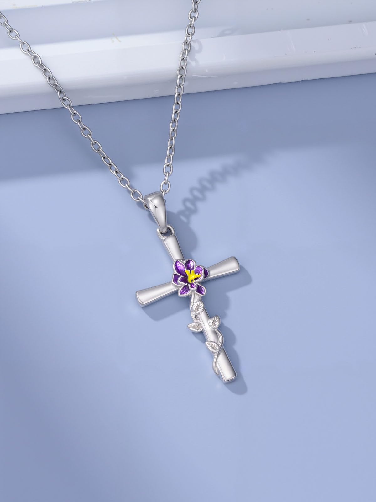 Cargari Violet Necklace for Women Sterling Silver Violet Cross Pendant Purple Flower Cross Necklace Birth Floral Jewelry Gifts for Women