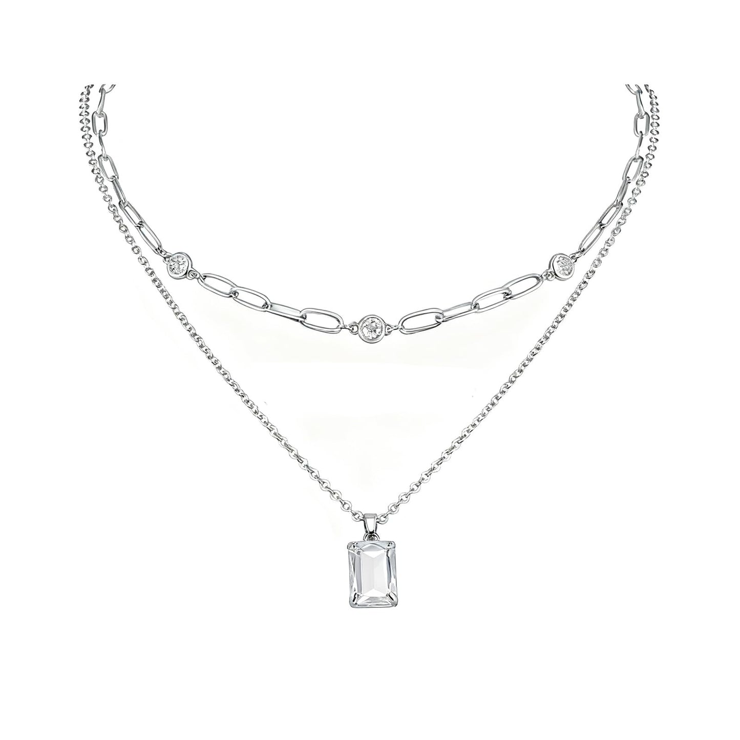 VANGETIMI Clear and Silver Layered Pendant Necklaces for Women Crystal Choker Necklace Paperclip Rhinestone Necklace Party Prom Jewelry