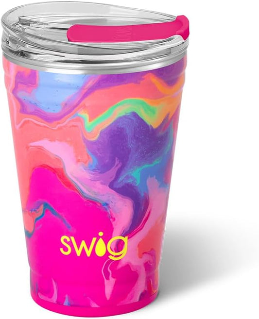 Swig Life 18oz Party Cup, Stackable Insulated Travel Coffee Tumbler with EZ Slider Lid, Cup Holder Friendly Travel Bottles, Stainless Steel 18 oz Tumbler, Reusable Coffee Mug (Candy Crush)