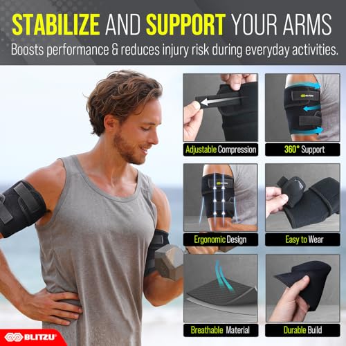 Bicep Tendonitis Brace, Upper Arm Wrap, Tricep Compression Sleeve Support Bands for Men and Women with 2 Adjustable Straps, Pain Relief for Muscle Strains Recovery & Inflammation. Black S-M
