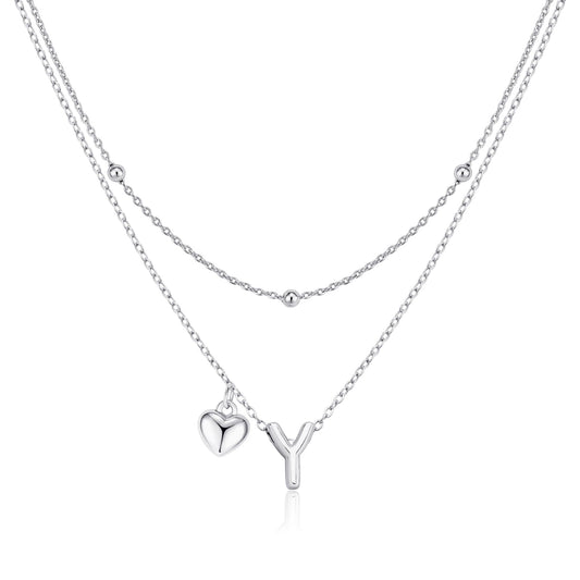 adoyi Silver Heart Initial Necklaces for Women 14k Gold Plated Layered bubble Letter Necklace Dainty Heart Y Pendant Necklace Stack Birthday Valentines Gifts for Women Jewelry
