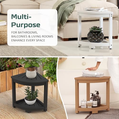 Corner Shower Stool for Inside Shower, HIPS Waterproof Shower Bench Seat Chair, Plastic Bath Shower Stool for Shaving Legs Foot Rest with Storage Shelf, Adjustable & Non-Slip Feet, Black
