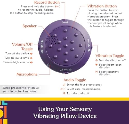 Special Supplies Vibrating Pillow Sensory Pressure Activated for Kids and Adults, 12” Plush Minky Soft Cover, Textured Therapy Stimulation Bumps- 3 Vibration Modes, Music & Voice Recording-Multi-Color