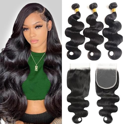 12A Body Wave Human Hair Bundles with Closure (18 20 22+16,Free Part) Closure with 3 Bundles Brazilian Virgin Hair Extensions with Pre Plucked with Baby Hair 5X5 HD Lace Closure Natural Black Color