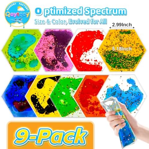 Squishy Liquid Sensory Gel Tiles 9 Packs - Hexagon Liquid Sensory Toys for Stress Relief & Fidget Fun, Washable Sensory Floor Tiles for Toddles 3+ Home, Classroom, Travel