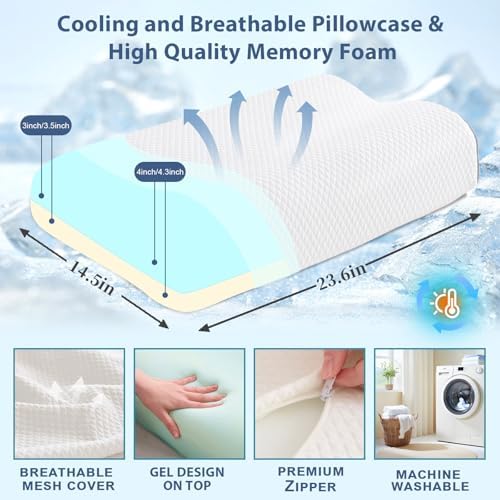 Memory Foam Pillows Cervical Pillow for Neck Pain Relief, Ergonomic Pillow for Shoulder Pain, Orthopedic Contour Pillow for Side Sleepers, Neck Support Pillows for Sleeping with Cooling Pillowcase