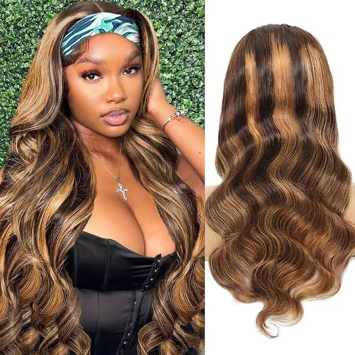Ombre Headband Wig Human Hair #4/27 Highlight Body Wave Headband Wig 22 Inch Glueless None Lace Front Wig Brazilian Virgin Human Hair Wigs for Black Women Wear and Go Wig 150% Density