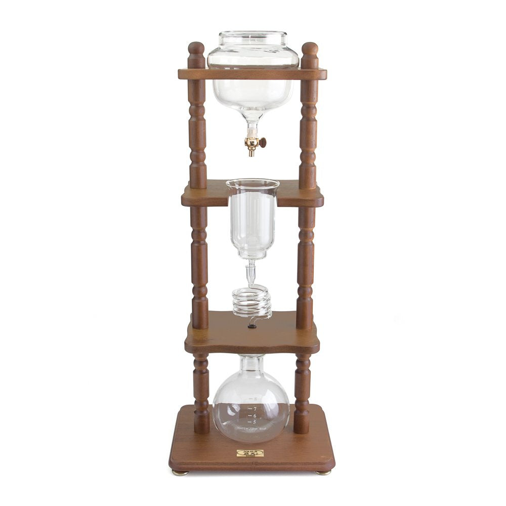 Yama Cold Brew Maker I Ice Coffee Machine With Slow Drip Technology I Makes 6-8 cups (32oz), Large Capacity Cold Brew Coffee Tower, Brown Wood Curved Frame