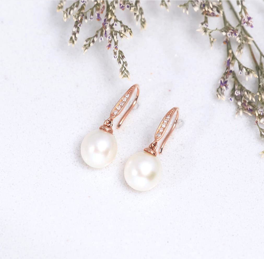 14k Rose Gold Natural Diamond and Freshwater Cultured Pearl Necklace and Earrings Set for Women
