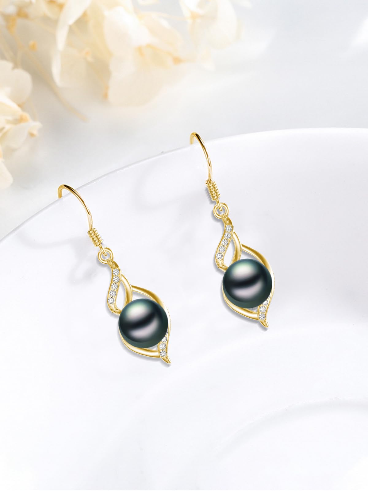 KANNSOAR 7MM Tahitian Black Pearl Dangle Drop Earrings, 18K Gold Plated Sterling Silver Everyday Earrings for Women Wife Girlfriend Hypoallergenic Jewelry Gift for Anniversary Birthday Christmas