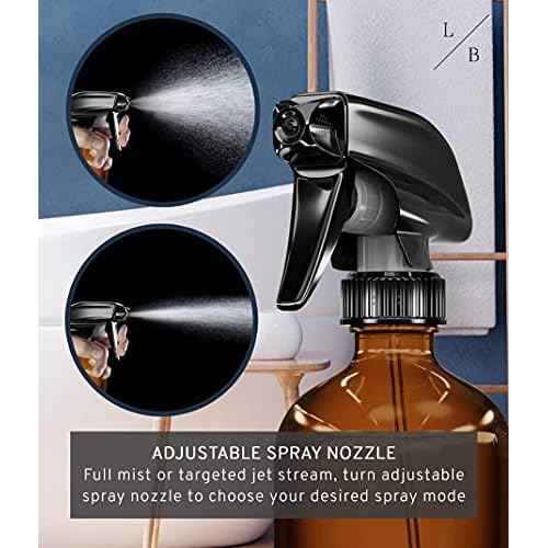 LiBa Amber Glass Spray Bottles 2 Pack, 16 oz Refillable Empty Spray Bottle for Cleaning, Essential Oils, Hair, Plants, Adjustable Nozzle for Squirt and Mist, Bleach/Vinegar/Rubbing Alcohol Safe