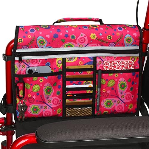Wheelchair Storage Bag, Double-Sided Armrest Pouch with Cup Holder and Reflective Strip, for Wheelchairs and Walkers (Red Butterfly)