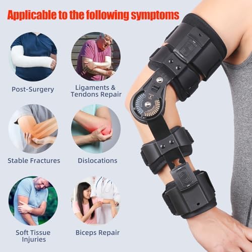 GHORTHOUD Hinged ROM Elbow Brace - Adjustable Post Op Elbow Brace Stabilizer Splint with Strap Sling Arm Injury Recovery Support After Surgery for Men Women (Right, Black)