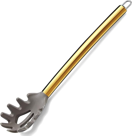 Gold Spaghetti Spoon, Berglander Non-stick Silicone Pasta Server With Titanium Gold Plating Handle, Spaghetti Server For Cooking, Pasta Fork, Noddle Fork, Dishwasher Safe, Easy to Clean