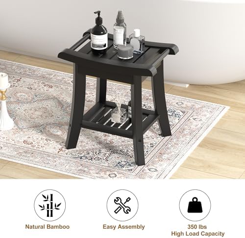 Bamboo Shower Bench Stool with Storage Shelf Small Shower Chair Seat for Inside Shower 16 x 10 x 17 Inches Black