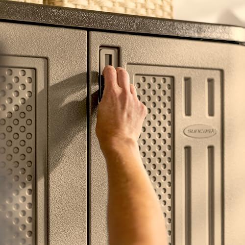 Suncast 31 Cubic Feet Mega Tall Storage Cabinet with 3 Adjustable Shelves, Platinum Metallic & Slate – Garage or Basement Utility Resin Organizer with 75 Pound Capacity Per Shelf and Lockable Doors