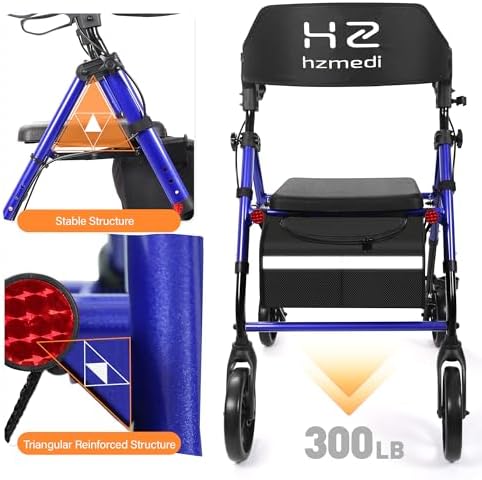 Walkers for Seniors Lightweight with Seat Foldable, Frame 8" Big Wheels Adult Rolling Walker for All Terrain, Dual Adjustable Height Rollator Transport 4 Wheels Walker| Royal Blue