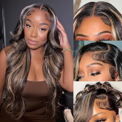 22 Inch 1B/27 13x6 Balayage Highlight Ombre Body Wave Lace Front Wigs Human Hair Honey Blonde Colored Lace Frontal Glueless Wigs Human Hair Pre Plucked for Women with Baby Hair