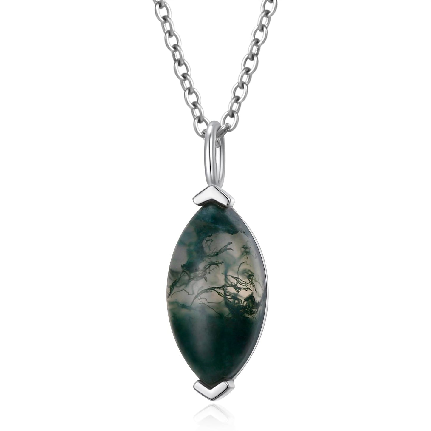 FLYOW Dainty Marquise Necklace 925 Sterling Silver Natural Moss Agate Solitaire Pendant Jewelry for Women Birthday Gifts (Moss Agate Marquise)