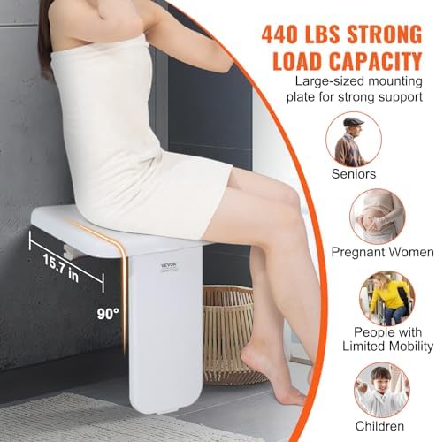 VEVOR Folding ABS Shower Seat, 15.7'' x 16.7'' Unfolded, Wall Mounted Fold Up Shower Bench with 440 lbs Load Capacity, Space Saving Fold Down Shower Chair for Seniors Pregnant Women Children Adults
